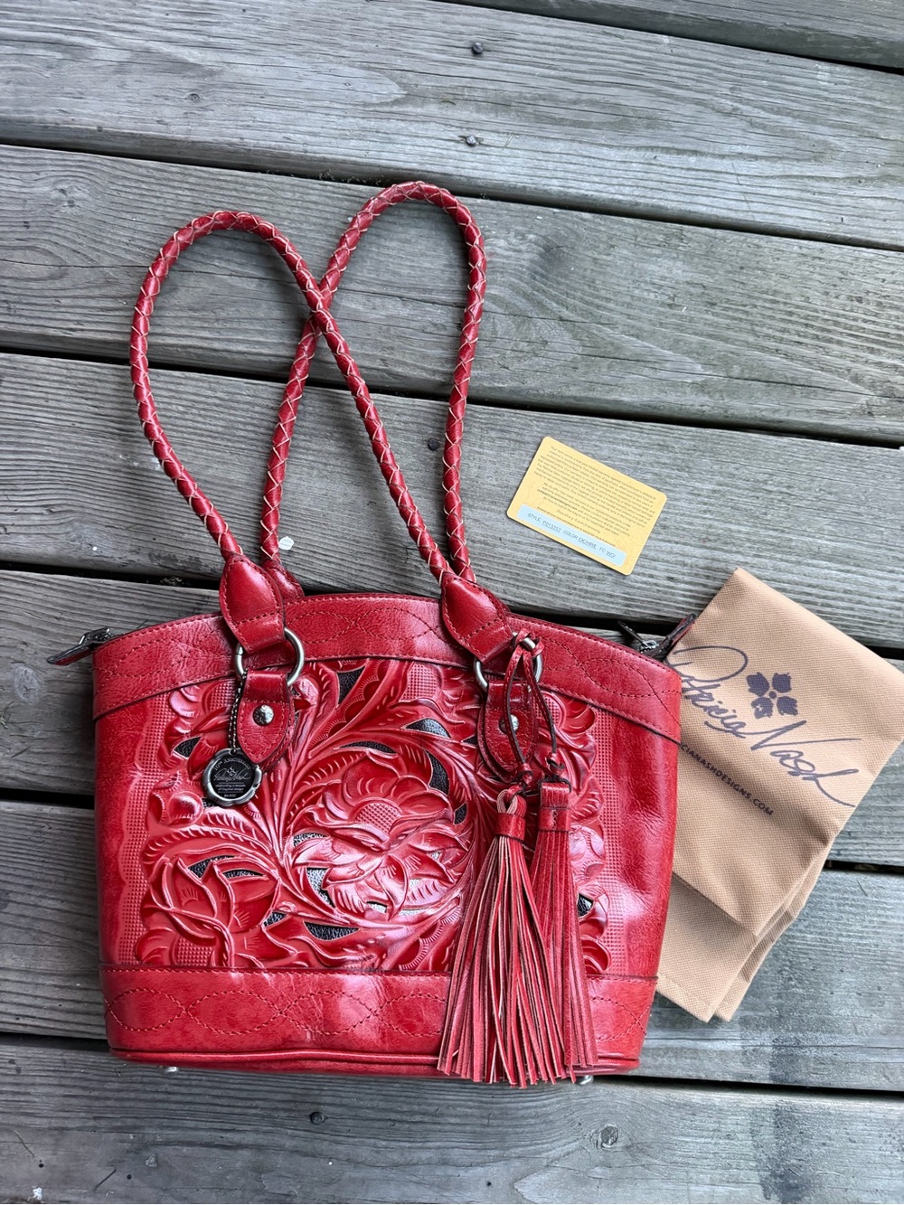 Patricia Nash Red Floral Tooled Leather Satchel with Tassel